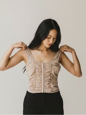 Shinestar Ruched Beige Front-Closure Camisole